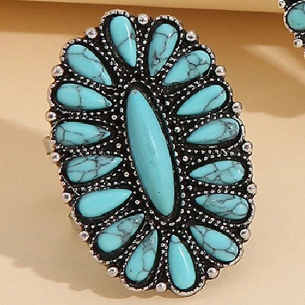 Ladies Western Turquoise Cluster Stone Statement Silver Adjustable Fashion Ring